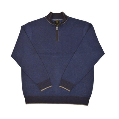 The F/X Fusion 1/4 Zip Sweater 10067 B&T is a men's blue quarter-zip sweater with dark cuffs, collar, and hem, featuring a stylish birdseye knit pattern. Laid flat on a white background.