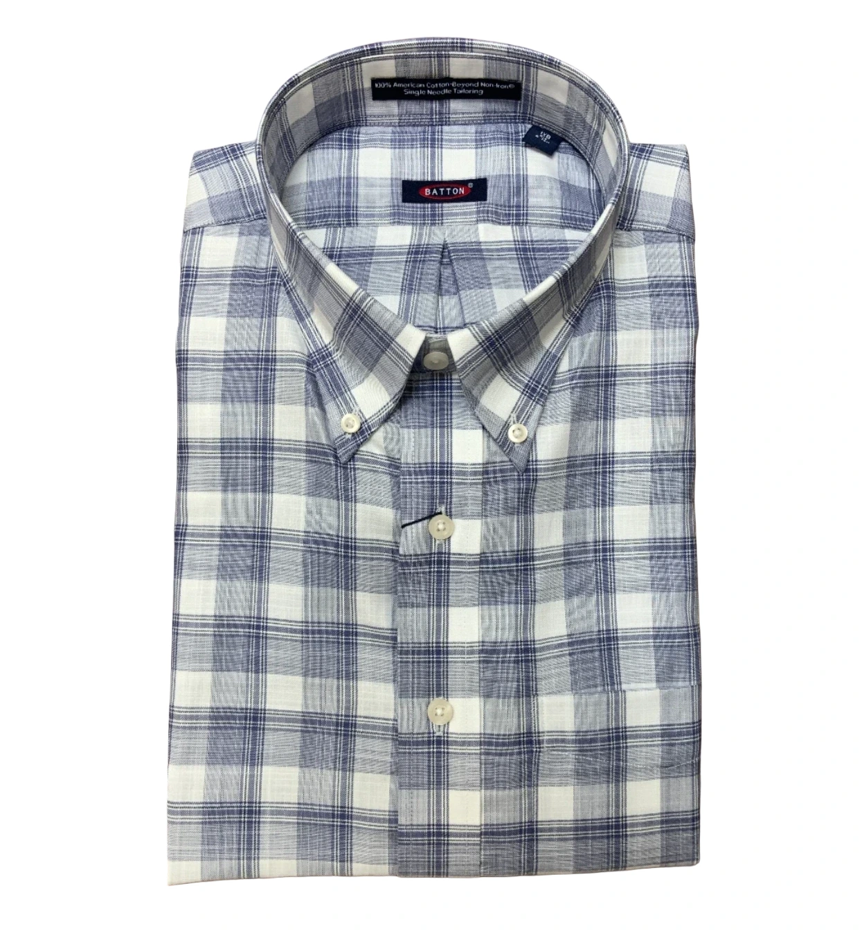 The Batton Ariel Sport Big & Tall 782022-41 is a blue and white plaid shirt with a button-down collar, made from 100% cotton. This Batton shirt offers classic style and everyday comfort, shown neatly folded on a white background.