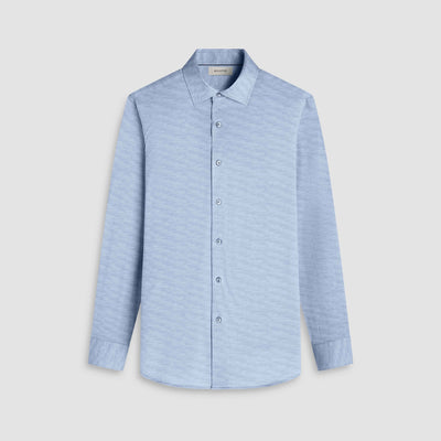 A light blue Bugatchi James Herringbone Sport Shirt (HF9508K60) with long sleeves is laid flat on a plain light gray background.