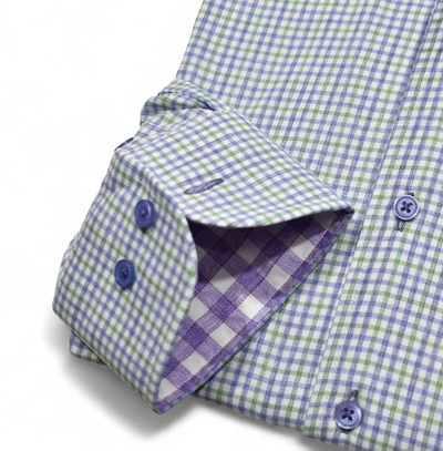 Close-up of the Marcello OP Plum/Green Plaid Sport Shirt DS122: long sleeves, green/blue/white plaid cotton, cuff with three blue buttons, contrasting purple check inside, and a sleek one-piece collar for style.