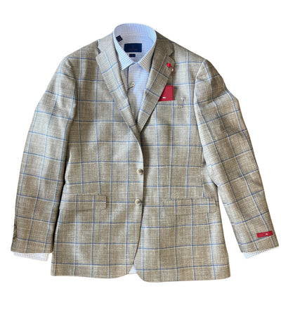 The TailoRed Gildo Sport Coat 88P0115 features a light brown wool-silk-linen blend with blue and white plaid, shown over a blue-checkered dress shirt on a white background.