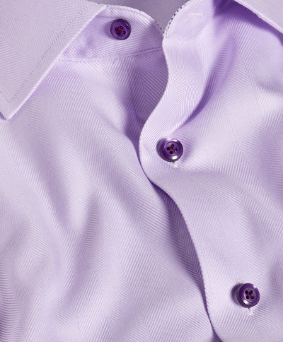 Close-up of the David Donahue Contrast Herringbone Solid Dress Shirt TBMS13100, featuring purple buttons and a modern trim fit with a partially open collar.