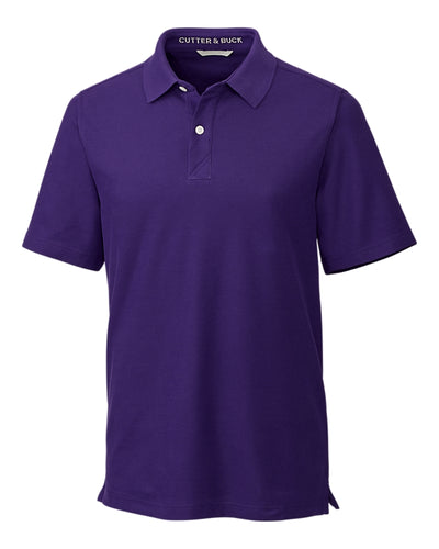 The Cutter & Buck Breakthrough Polo Big & Tall by Cutter & Buck is a plain purple short-sleeve polo with a collar and two buttons, made from moisture-wicking fabric for comfort, shown on a white background.