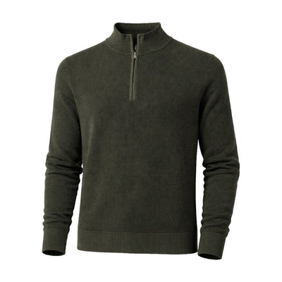 The F/X Fusion Men’s Big & Tall Thermal 1/4 Zip Sweater 13050 by F/X Fusion, shown in dark green with long sleeves and a quarter-zip collar, is displayed on a plain white background.