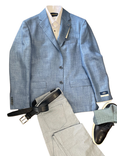 The Hart Schaffner Marx New York Sport Coat 30C0193 in light blue is styled over a white shirt, with light gray pants, a black belt, and black-and-white sneakers, all laid flat on a white background.