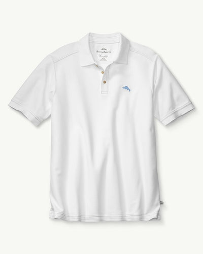 The Tommy Bahama Emfielder Polo Big & Tall is a white short-sleeve Supima cotton polo with a collar, three buttons, and a small blue marlin logo on the left chest.