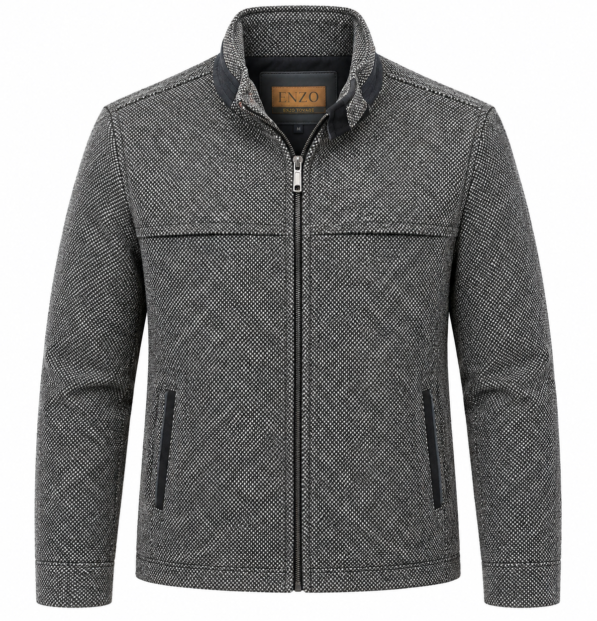 Gray zip-up Enzo Coat Play jacket with a textured pattern, high collar, two front zippered pockets, and an interior brand label at the neck—crafted by Enzo to reflect the luxury and timeless style of their classic outerwear.