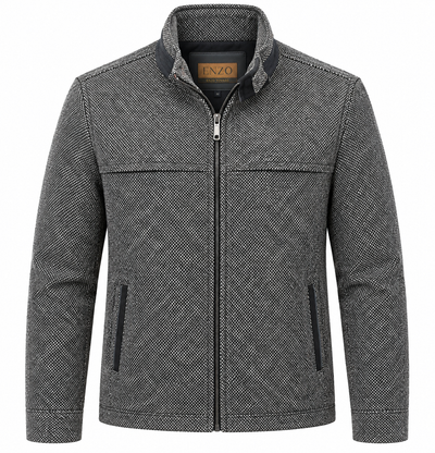 Gray zip-up Enzo Coat Play jacket with a textured pattern, high collar, two front zippered pockets, and an interior brand label at the neck—crafted by Enzo to reflect the luxury and timeless style of their classic outerwear.