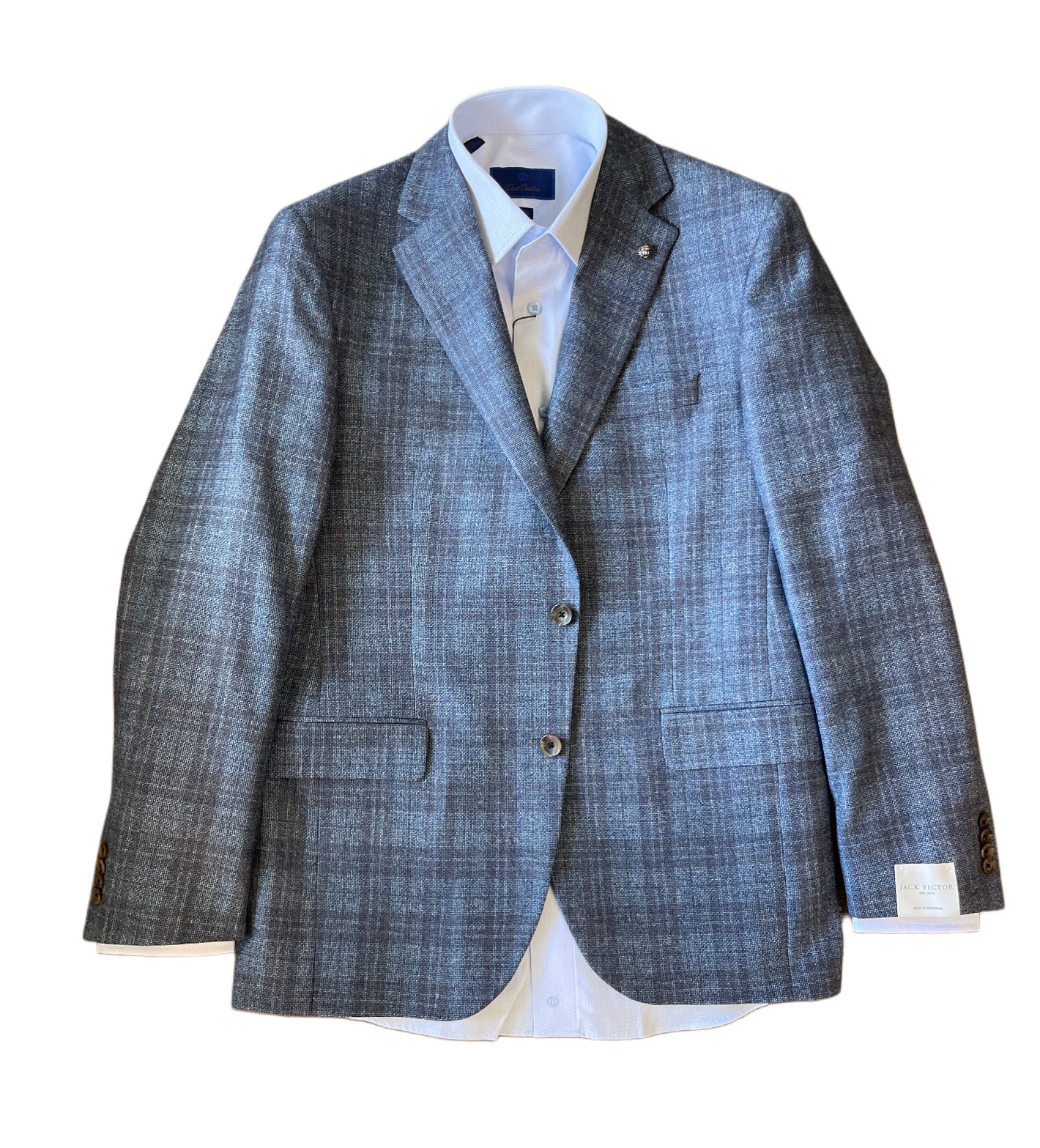 The Jack Victor Sport Coat Big & Tall 1252227, a grey windowpane Italian wool jacket by Jack Victor, is styled with a white dress shirt underneath and laid flat on a white background.