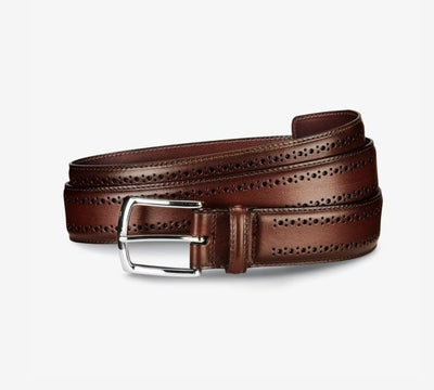 The Allen Edmonds Manistee Belt by Allen Edmonds is a brown vegetable-tanned leather belt with brogue detailing and a silver buckle, shown coiled on a plain white background.