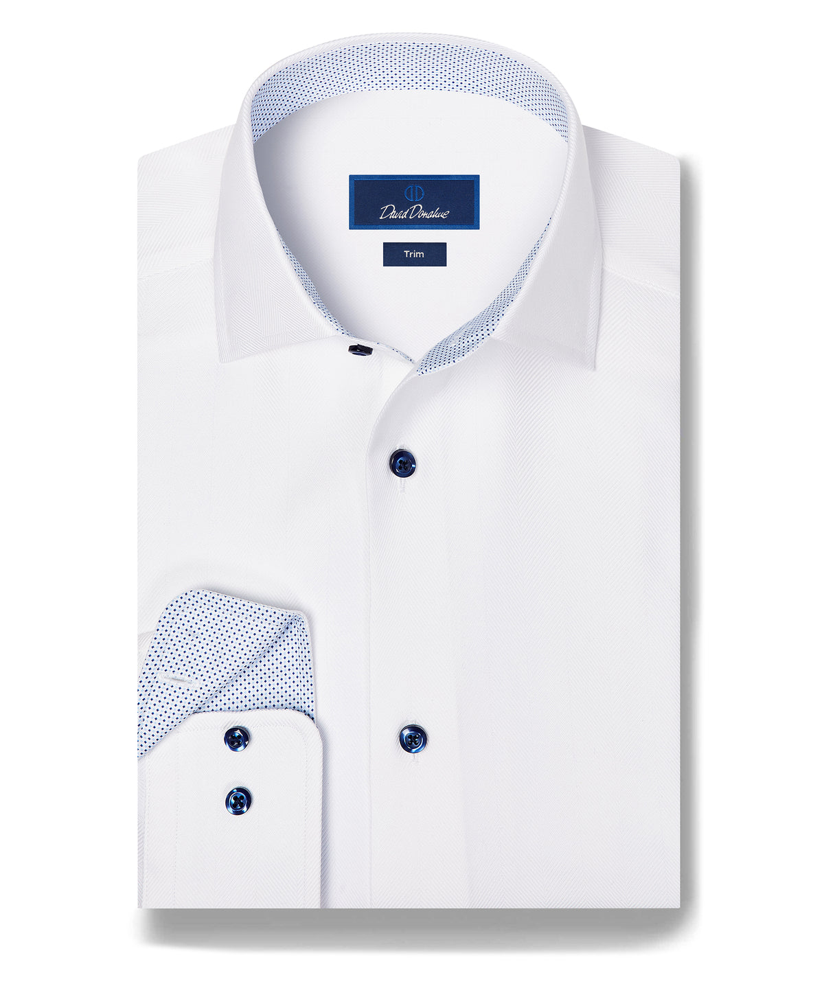 The David Donahue Contrast Herringbone Solid Dress Shirt TBMS13100 features a trim fit, blue buttons, a pointed collar, and subtle patterned accents inside the collar and cuffs.