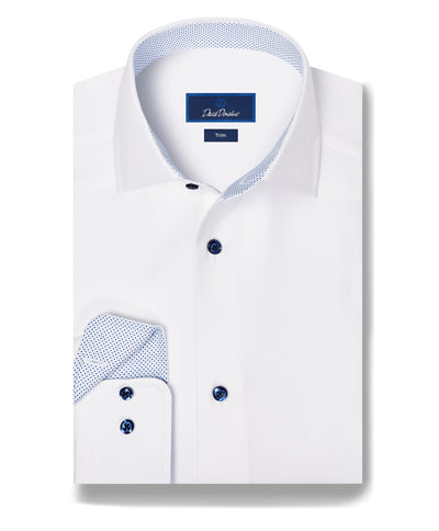 The David Donahue Contrast Herringbone Solid Dress Shirt TBMS13100 features a trim fit, blue buttons, a pointed collar, and subtle patterned accents inside the collar and cuffs.