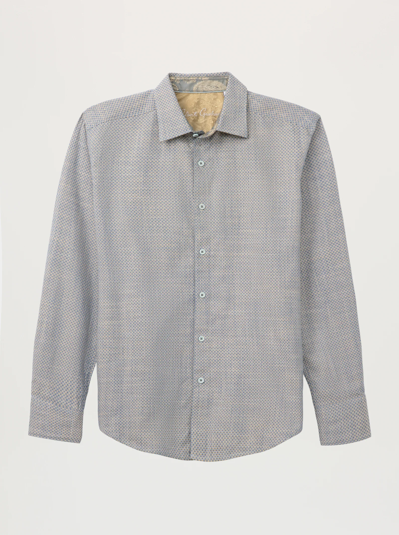 The Robert Graham Grandadam Woven Shirt Big & Tall by Robert Graham is a long-sleeve, button-up cotton shirt featuring a small geometric micro-check pattern, displayed on a neutral background.