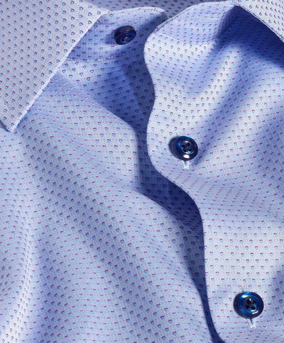 Close-up of the David Donahue OP Dobby Dress Shirt TBSP12004465 in light blue, featuring a subtle geometric pattern, three dark blue buttons, and part of the collar—an elegant trim fit shirt by David Donahue.