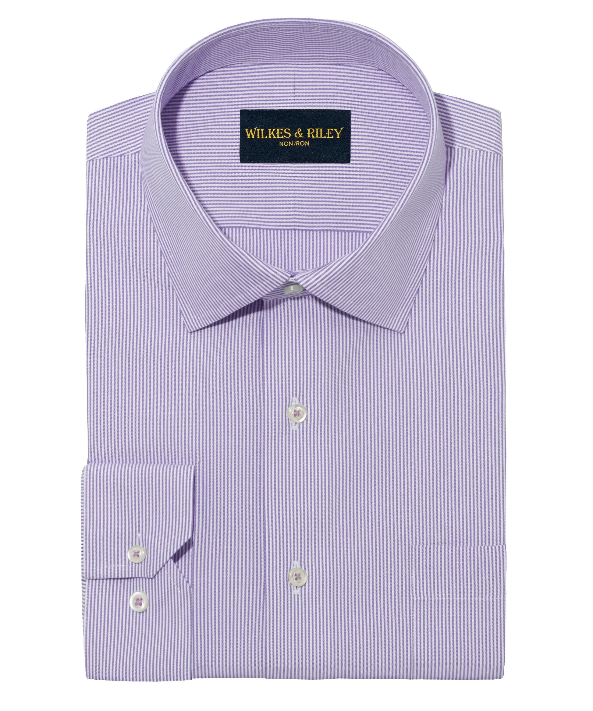 The Wilkes & Riley Lavender Stripe Spread Collar F4135 is a tailored fit dress shirt with a spread collar and French cuffs, made from Supima cotton and featuring the Wilkes & Riley label on the inner collar.