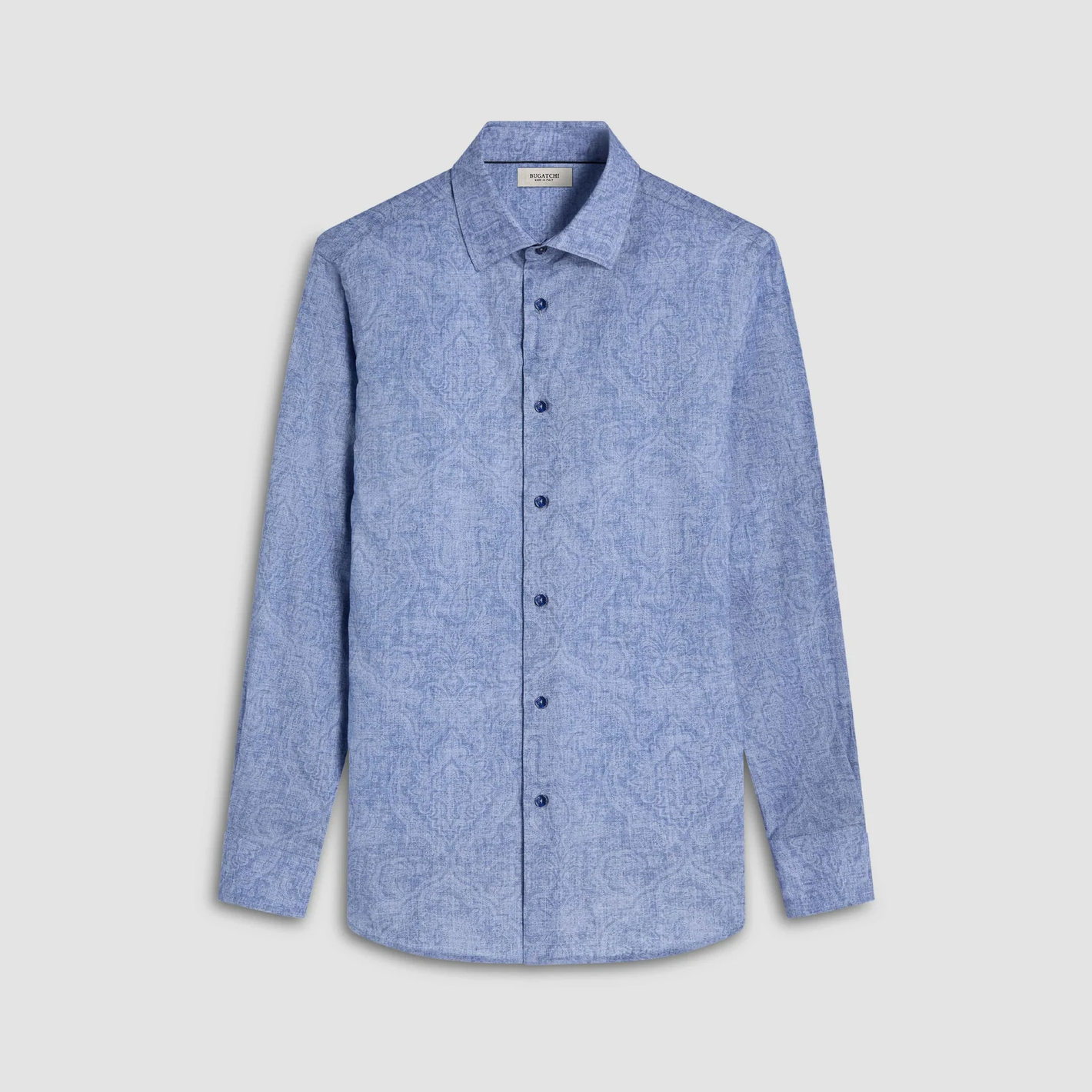 The Bugatchi Julian Paisley Sport Shirt HS3069L3S by Bugatchi features a light blue paisley print, long sleeves, and is crafted from 100% cotton, shown against a plain light background.