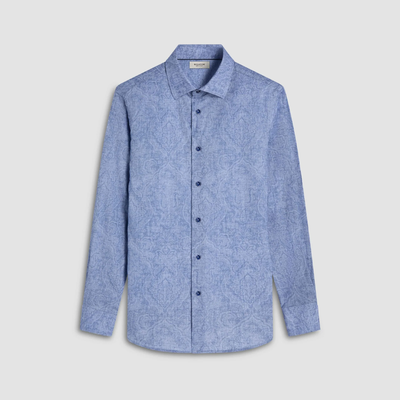 The Bugatchi Julian Paisley Sport Shirt HS3069L3S by Bugatchi features a light blue paisley print, long sleeves, and is crafted from 100% cotton, shown against a plain light background.