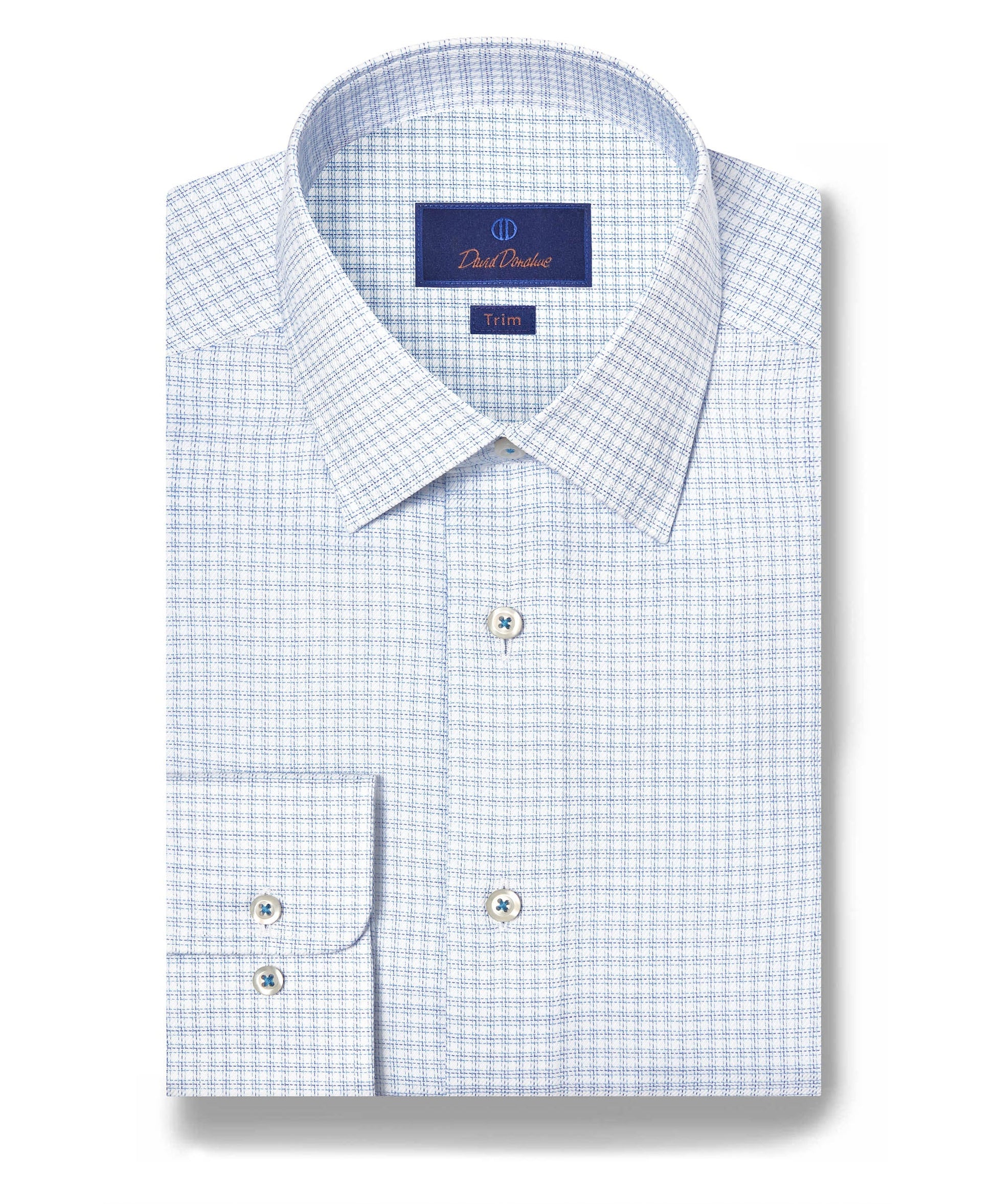 David Donahue Men's Trim Fit Stretch Twill Check Dress Shirt - Blue - Size 17.5 34/35