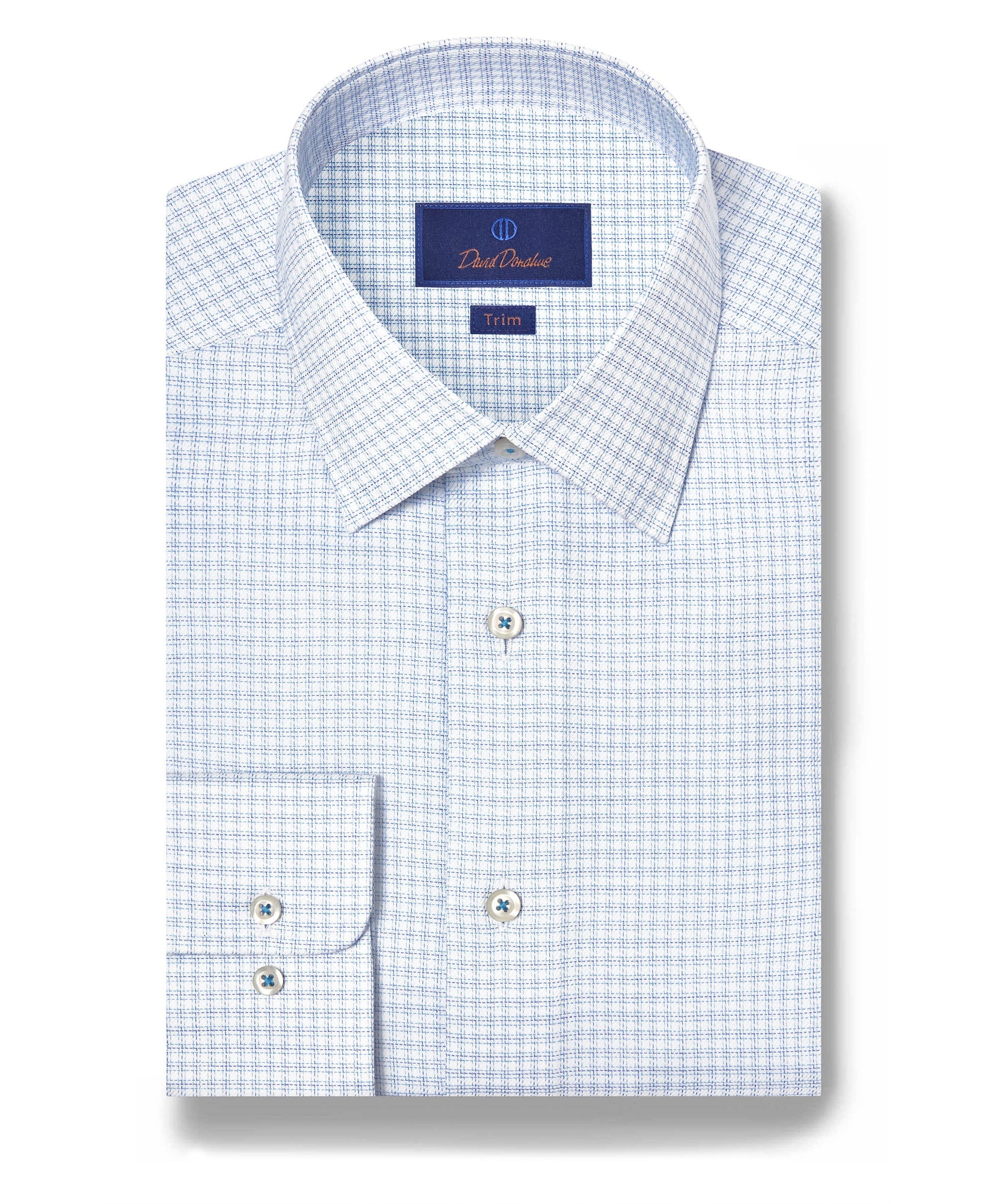 A neatly folded David Donahue OP White & Blue Check Dress Shirt (TBSP12816135) features a trim fit, pointed collar, and buttoned cuffs.