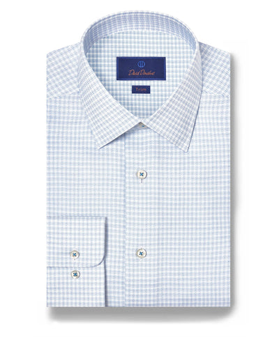 A neatly folded David Donahue OP White & Blue Check Dress Shirt (TBSP12816135) features a trim fit, pointed collar, and buttoned cuffs.