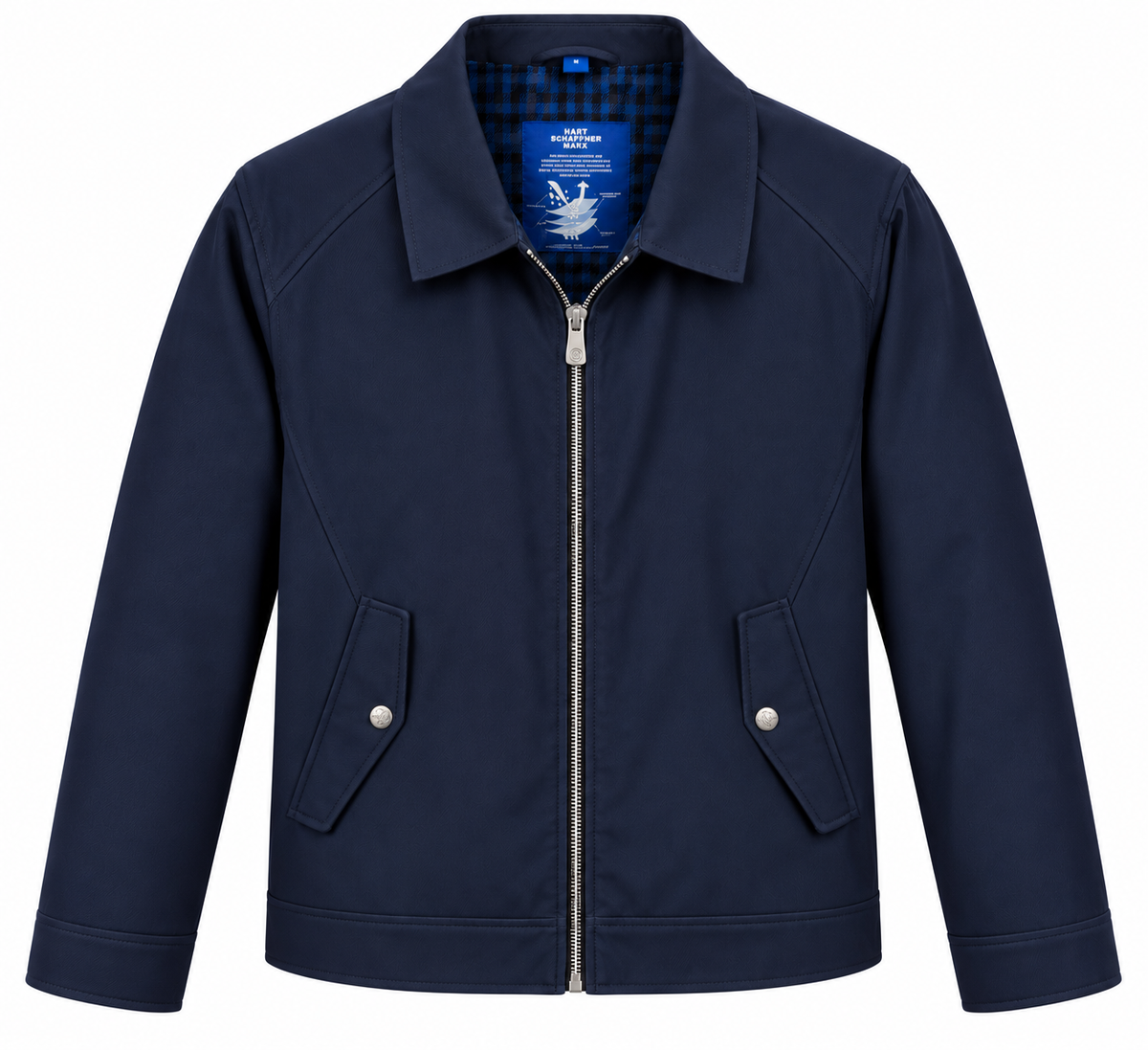 The Hart Schaffner Marx Felix Commuter Jacket 6214 is a navy blue men’s jacket with a collar, silver snap front pockets, and a blue checked lining.