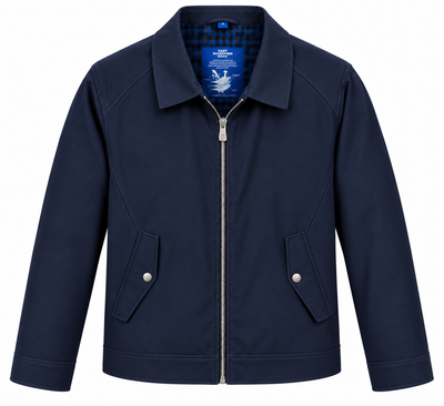 The Hart Schaffner Marx Felix Commuter Jacket 6214 is a navy blue men’s jacket with a collar, silver snap front pockets, and a blue checked lining.