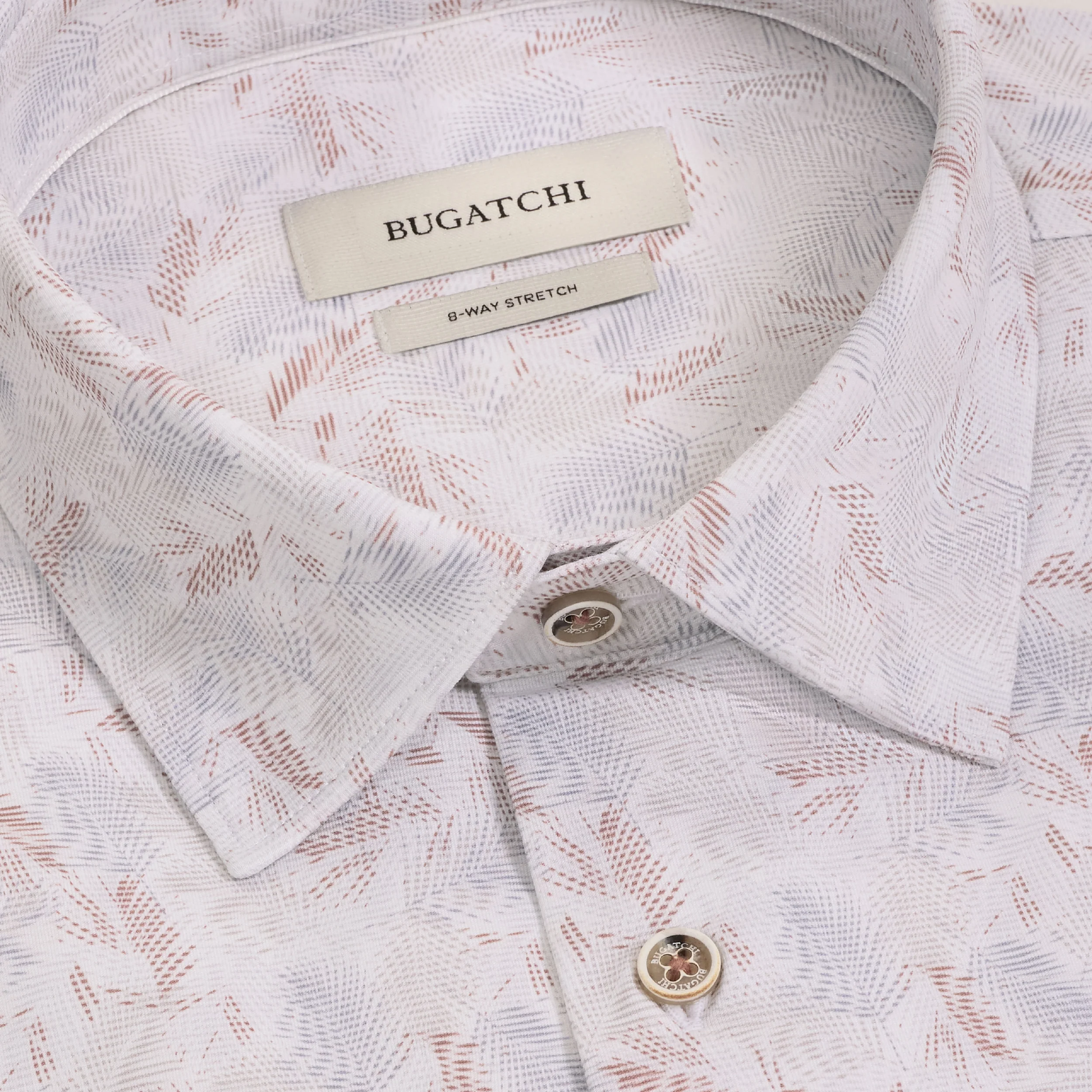 Close-up of the Bugatchi James Feather Print Sport Shirt KF9234K60, buttoned at the top, featuring a subtle feather print in light colors and a visible Bugatchi brand label.