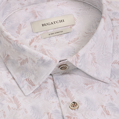 Close-up of the Bugatchi James Feather Print Sport Shirt KF9234K60, buttoned at the top, featuring a subtle feather print in light colors and a visible Bugatchi brand label.