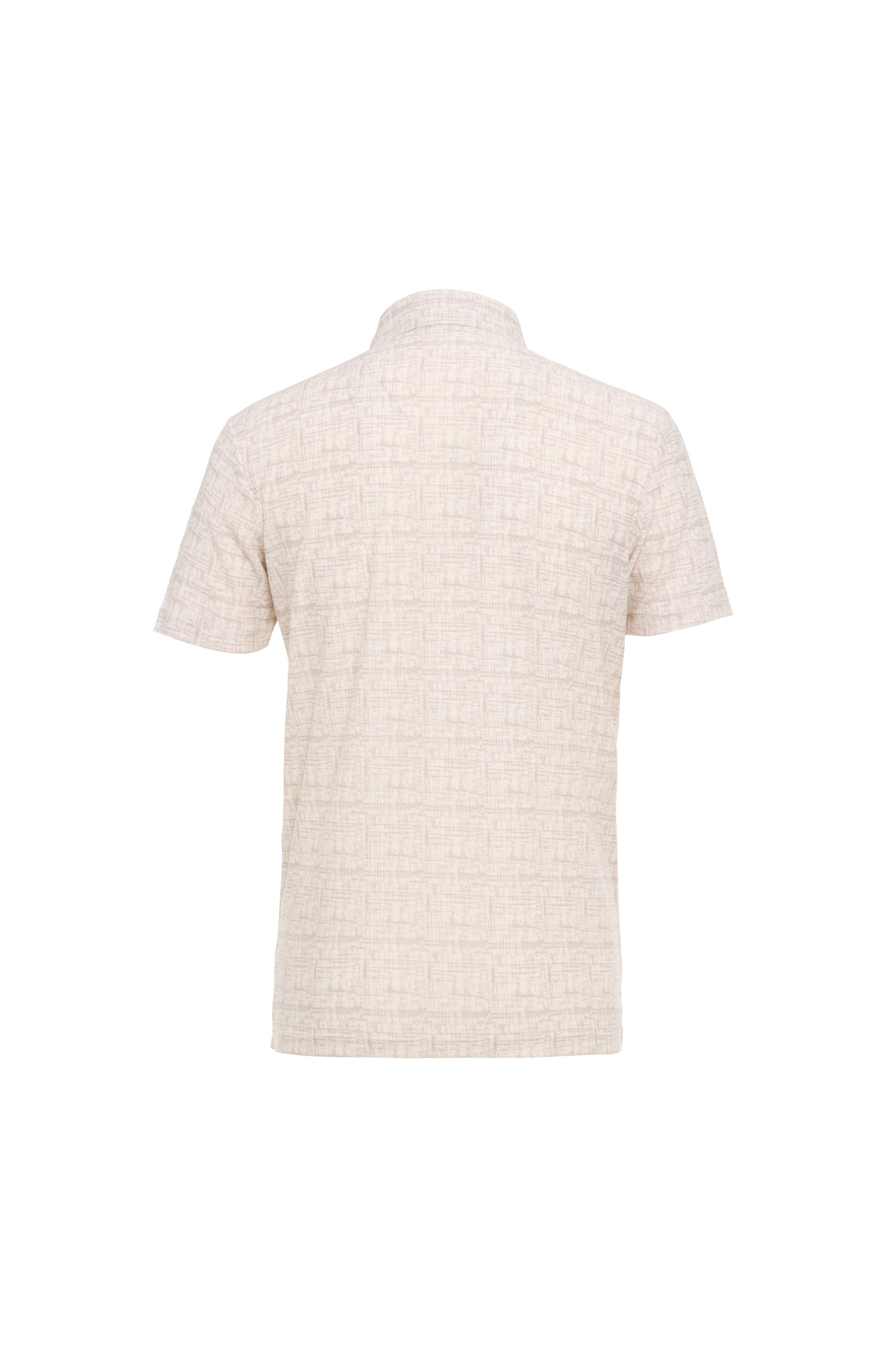 Back view of the Luchiano Visconti Visconti Short Sleeve Printed Polo MORL3P54, a textured light beige shirt inspired by Italian craftsmanship, shown against a plain white background.