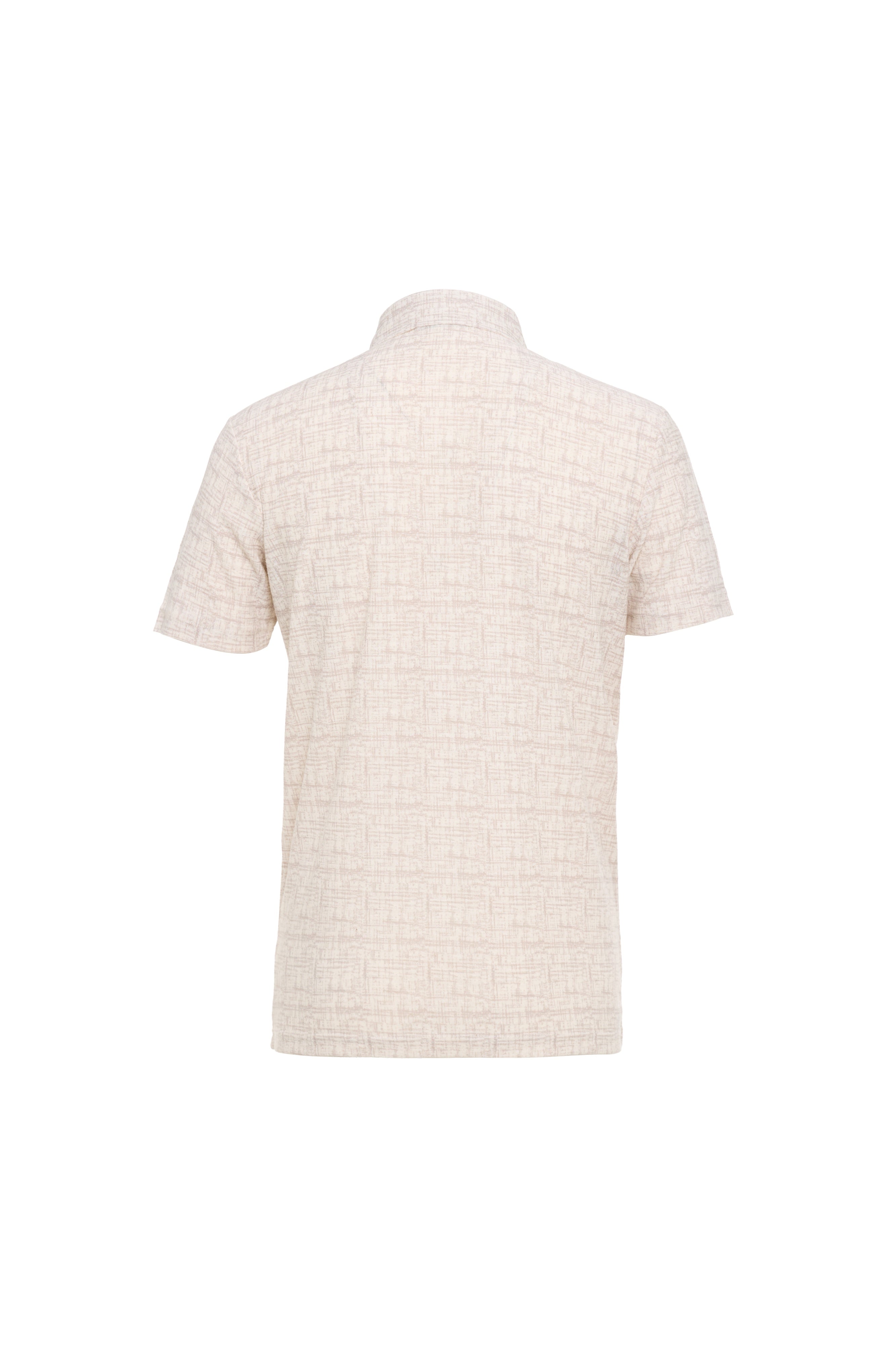 Back view of the Luchiano Visconti Visconti Short Sleeve Printed Polo MORL3P54, a textured light beige shirt inspired by Italian craftsmanship, shown against a plain white background.
