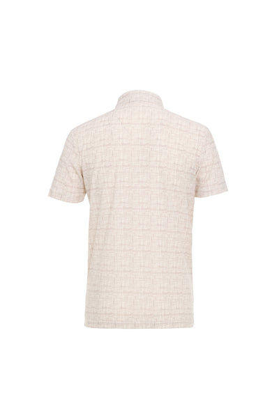 Back view of the Luchiano Visconti Visconti Short Sleeve Printed Polo MORL3P54, a textured light beige shirt inspired by Italian craftsmanship, shown against a plain white background.