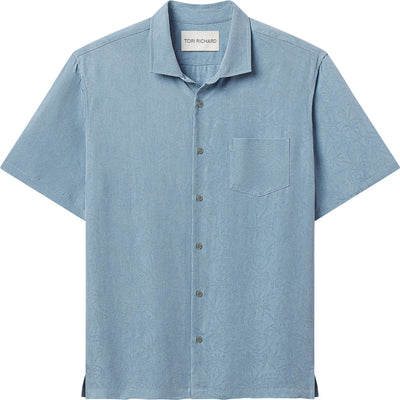 The Tori Richard Jacquard Symmetree SS T0127M0299 is a light blue Silk Tencel short-sleeve shirt with a button-up front, collar, and single chest pocket, shown flat on a white background.