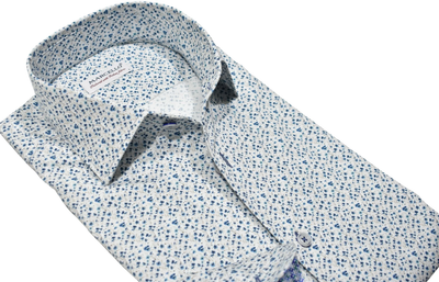 The Marcello Sport Shirt Pacer Floral W-021R is a men's long-sleeve cotton shirt with a white base, blue floral print, and a distinctive Marcello one piece collar.