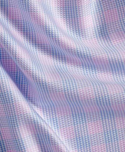 Close-up of David Donahue Twill Check TBSP10810 fabric, highlighting its blue and pink plaid pattern and soft texture—ideal for a David Donahue dress shirt or classic spread collar style.