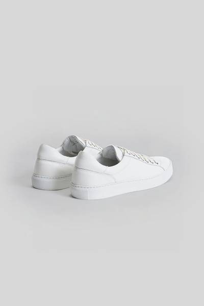 The Robert Barakett Terrence Leather Sneaker is a plain white, low-top dress-casual shoe with laces, crafted from premium Italian calfskin and shown on a light gray background.