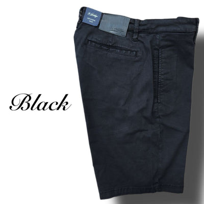 34 Heritage Nevada Soft Touch Shorts by 34 Heritage shown folded in black, featuring a slim fit, label on the waistband, crafted from Soft Touch fabric, displayed on a white background with "Black" written beside them.