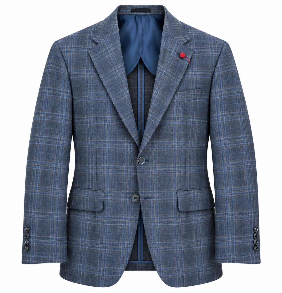 The TailoRed Giacomo Plaid Sport Coat 8110669 by TailoRed features a blue plaid design with notched lapels, two front buttons, flap pockets, blue lining, and a red lapel pin, displayed on a plain white background.