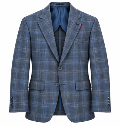 The TailoRed Giacomo Plaid Sport Coat 8110669 by TailoRed features a blue plaid design with notched lapels, two front buttons, flap pockets, blue lining, and a red lapel pin, displayed on a plain white background.