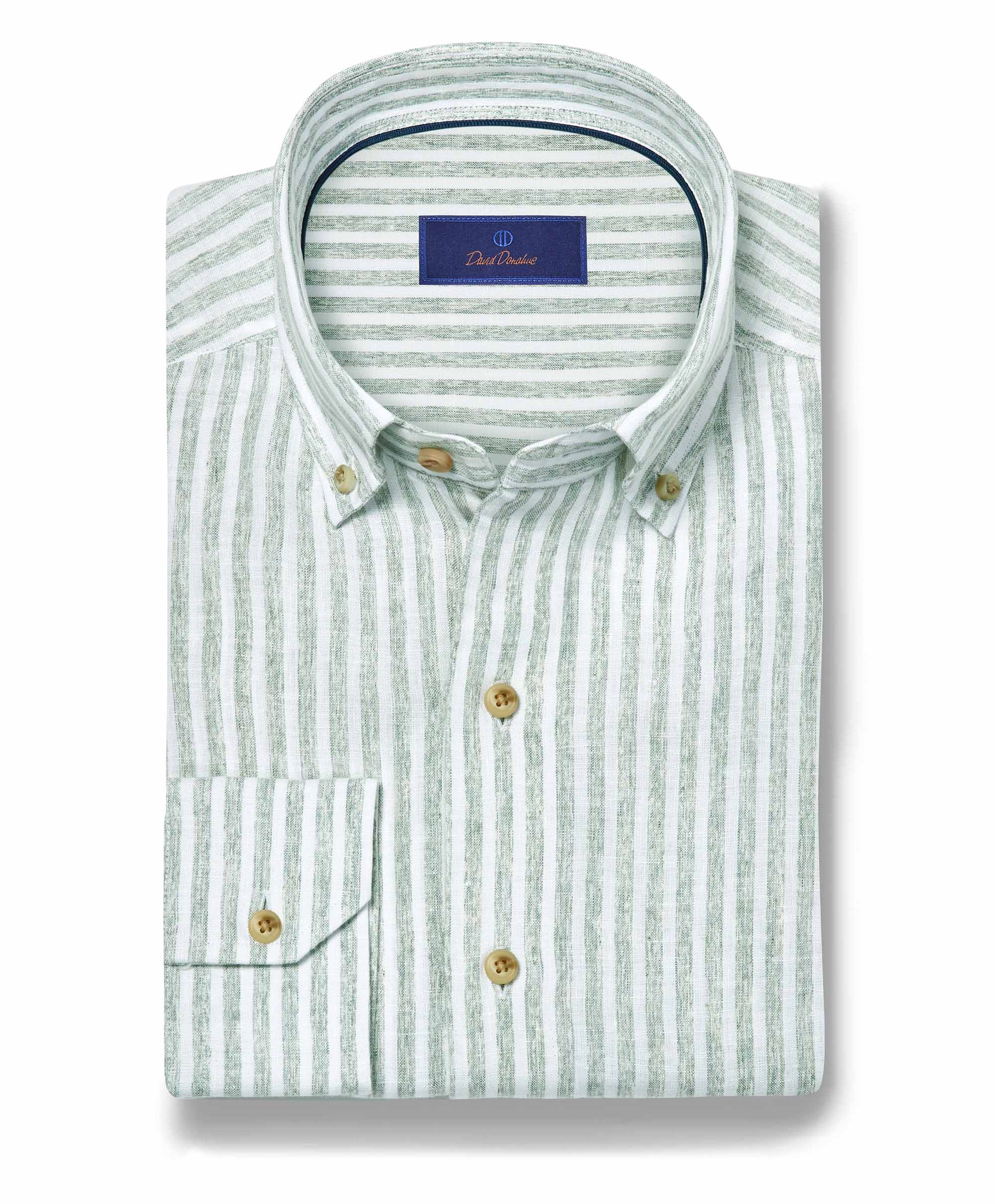 The David Donahue Linen Stripe Sport Shirt CBBD12955335 features sage and white stripes, long sleeves, a button-down collar, and wooden buttons—offering timeless style from David Donahue.