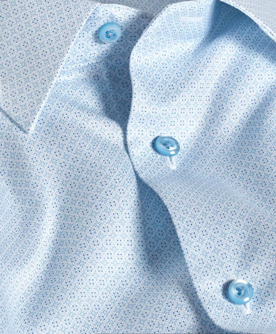 Close-up of the David Donahue OP Geo Dress Shirt TBSP12601136 in light blue, showcasing a small geometric dot pattern and blue buttons.