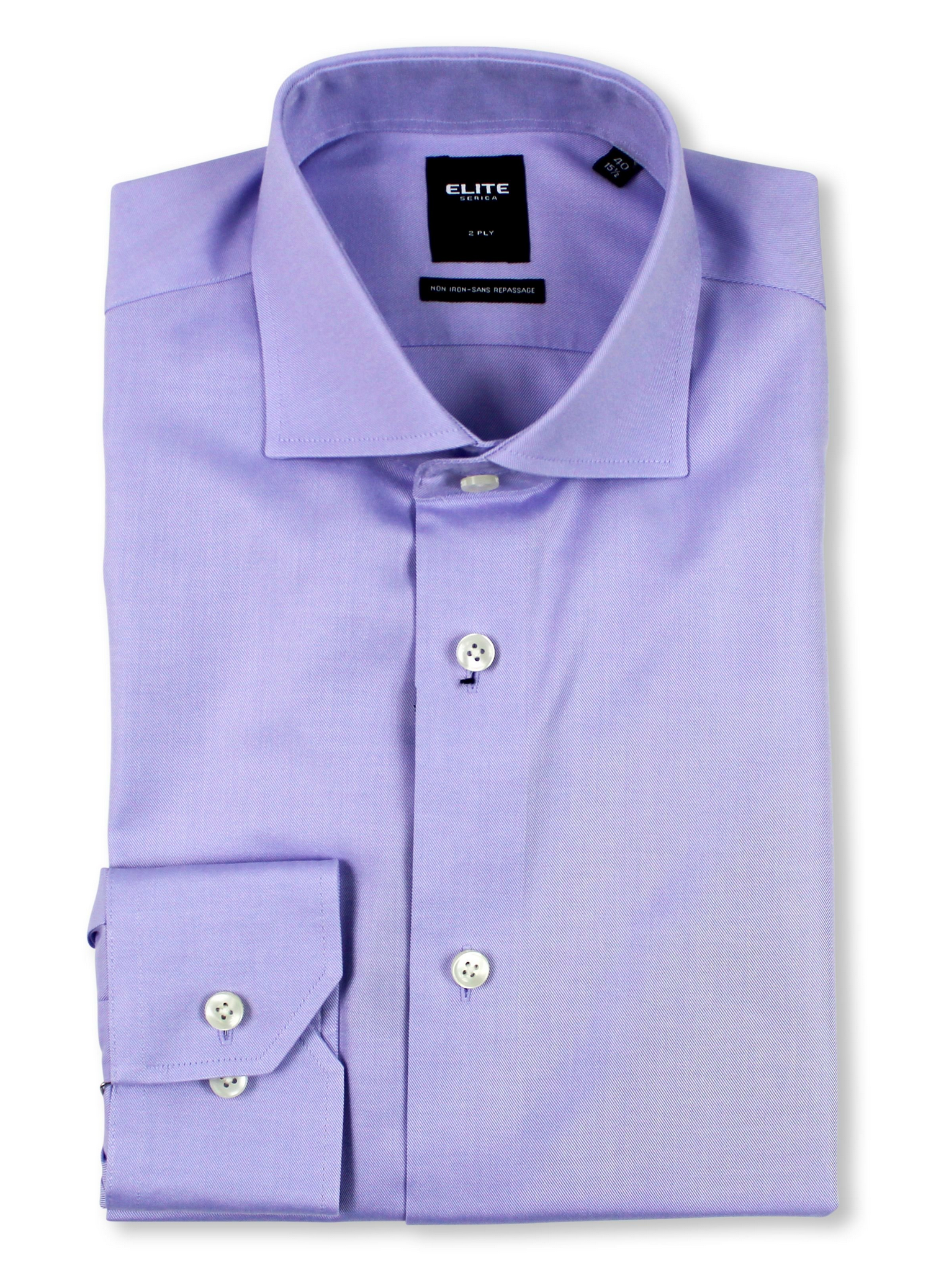 A neatly folded light purple dress shirt with white buttons and a spread collar, displayed against a white background.