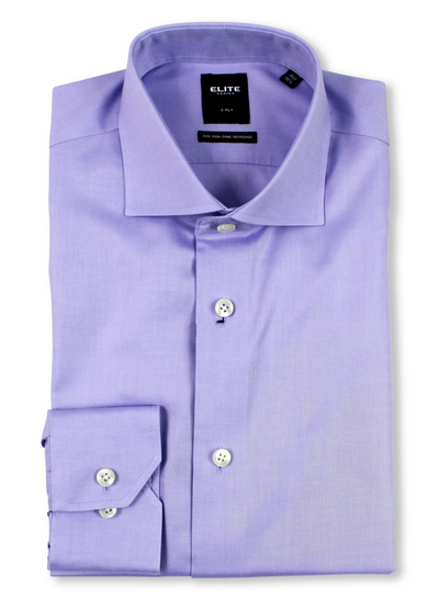 A neatly folded light purple dress shirt with white buttons and a spread collar, displayed against a white background.