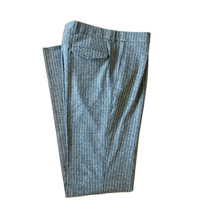 Ballin M5661 Soho Chalkstripe Trousers by Ballin, business casual pants in gray with pinstripes, belt loops, back pocket, and breathable fabric, neatly folded and displayed on a white background.