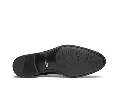 Magnanni Hawkins Wholecut Oxford Dress Shoe in black calfskin, shown from the sole view, featuring engraved Magnanni branding and a small metallic brand plate near the heel.