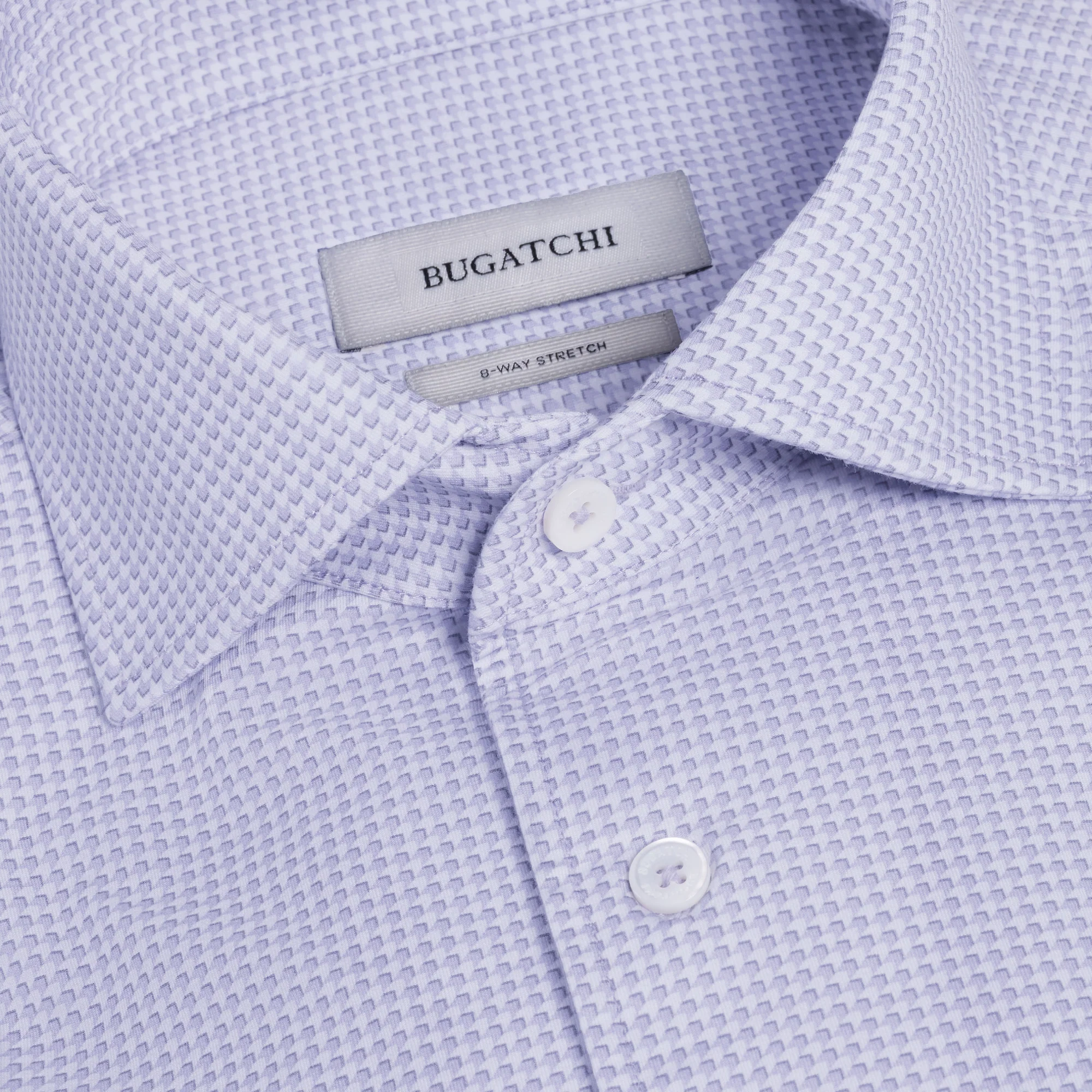 Close-up of a light purple Bugatchi OP Devon OoohCotton® Geometric Shirt (JF9507K80) featuring a textured look, white buttons, and the Bugatchi label inside the collar.