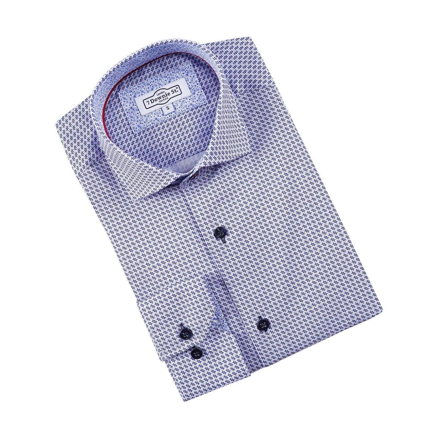 The 7 Downie St Big & Tall Sport Shirt by 7 Downie St is a men's purple dress shirt with a blue geometric pattern and dark buttons, made of premium fabric and neatly folded against a white background.