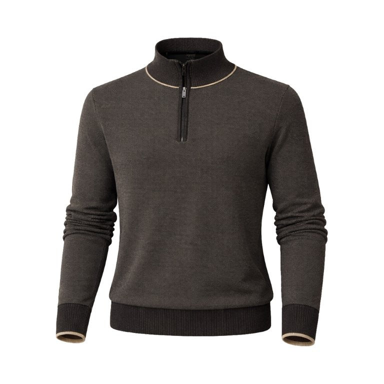 The F/X Fusion 1/4 Zip Big & Tall Sweater 10067 by F/X Fusion, shown on a plain white background, features a dark brown birdseye knit with beige trim on the collar and cuffs for a classic yet comfortable look.
