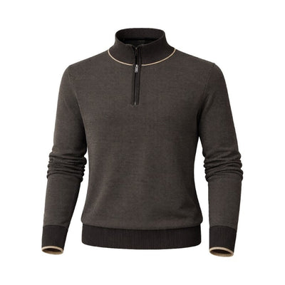 The F/X Fusion 1/4 Zip Big & Tall Sweater 10067 by F/X Fusion, shown on a plain white background, features a dark brown birdseye knit with beige trim on the collar and cuffs for a classic yet comfortable look.