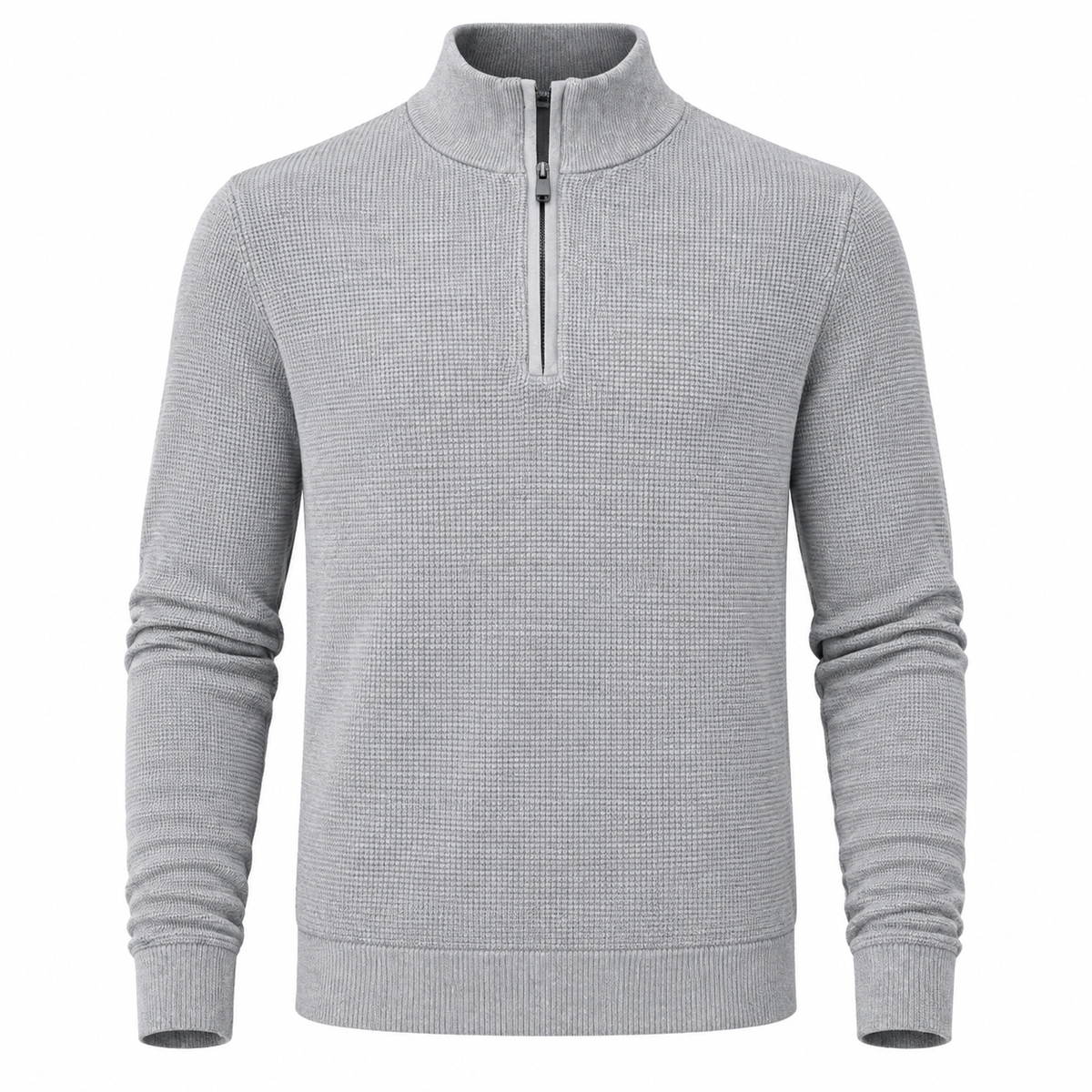 The F/X Fusion Men’s Big & Tall Thermal 1/4 Zip Sweater 13050 is a light gray, long-sleeve knit sweater featuring a stand collar and convenient quarter-zip closure. Displayed on a plain white background, this classic F/X Fusion sweater offers reliable comfort and warmth in a versatile style designed for big and tall men.