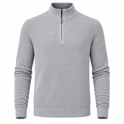 The F/X Fusion Men’s Big & Tall Thermal 1/4 Zip Sweater 13050 is a light gray, long-sleeve knit sweater featuring a stand collar and convenient quarter-zip closure. Displayed on a plain white background, this classic F/X Fusion sweater offers reliable comfort and warmth in a versatile style designed for big and tall men.
